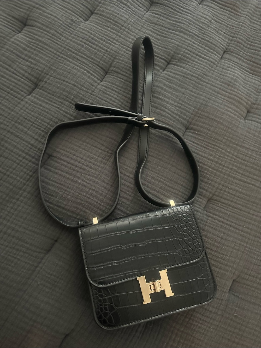 Black Croc-Embossed Leather Crossbody Bag with Gold Hardware
